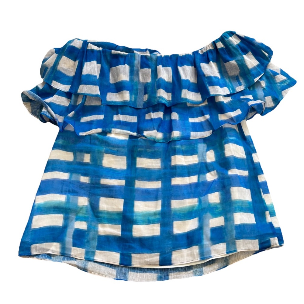 MARIE OLIVER Yaya Blouse In Amalfi Madras Ruffle Top Off The Shoulder Chic Small - Picture 3 of 7
